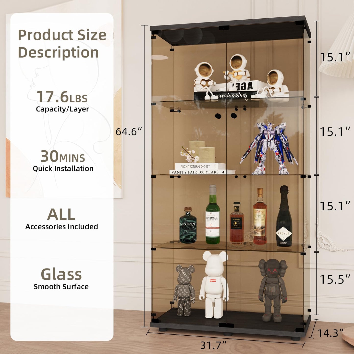 Beauty4U 2-Door 4 Shelves Glass Display Cabinet, Brown