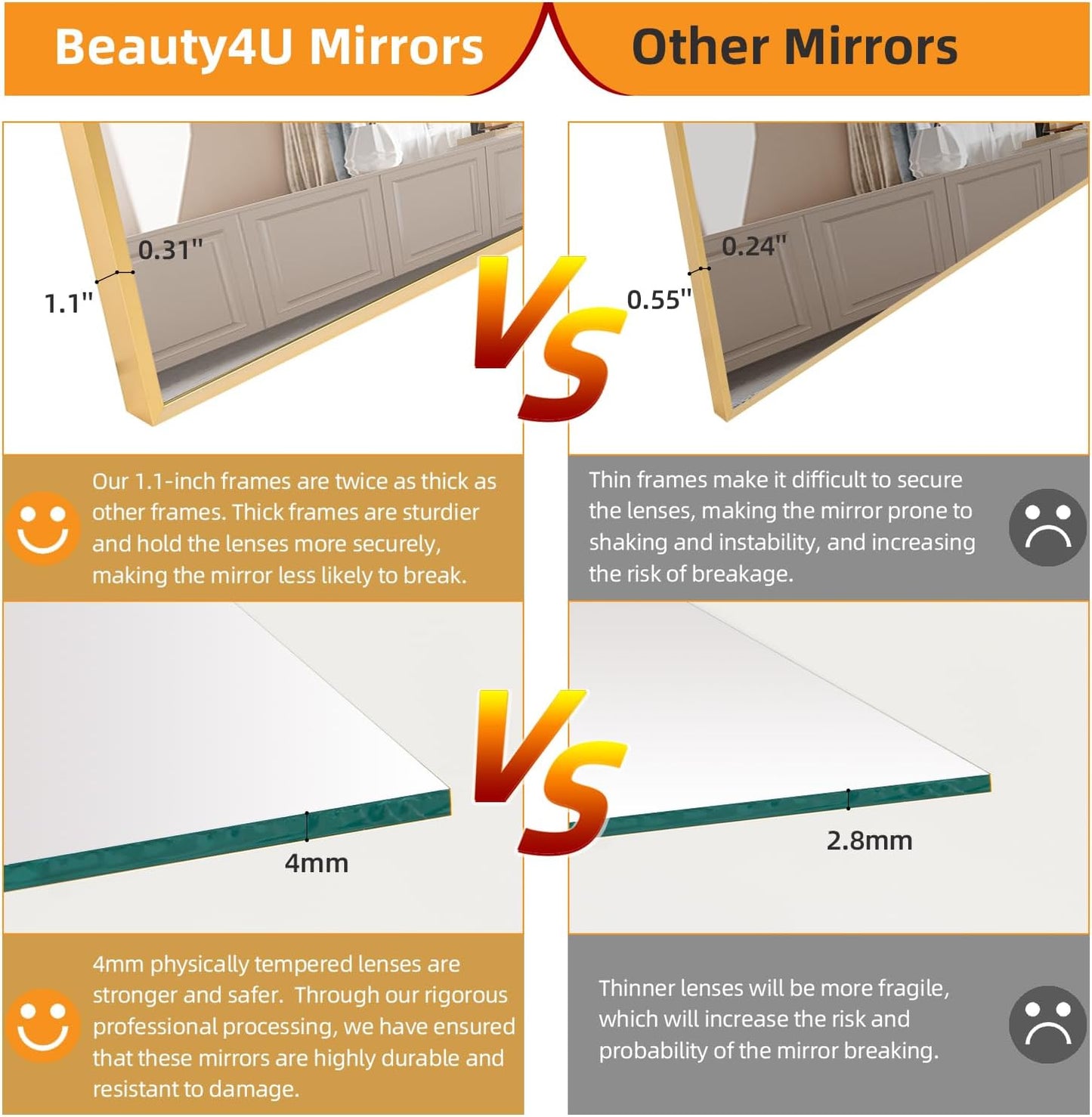 Beauty4U 65" x 24" Beveled Edge Full Length Floor Mirror, Gold