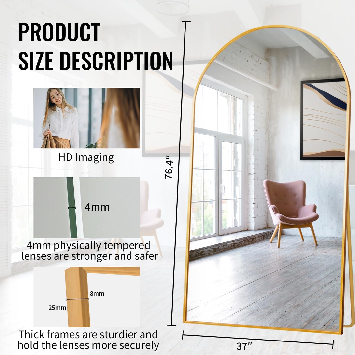 Beauty4U 76" x 37" Arch Full Length Mirror Gold