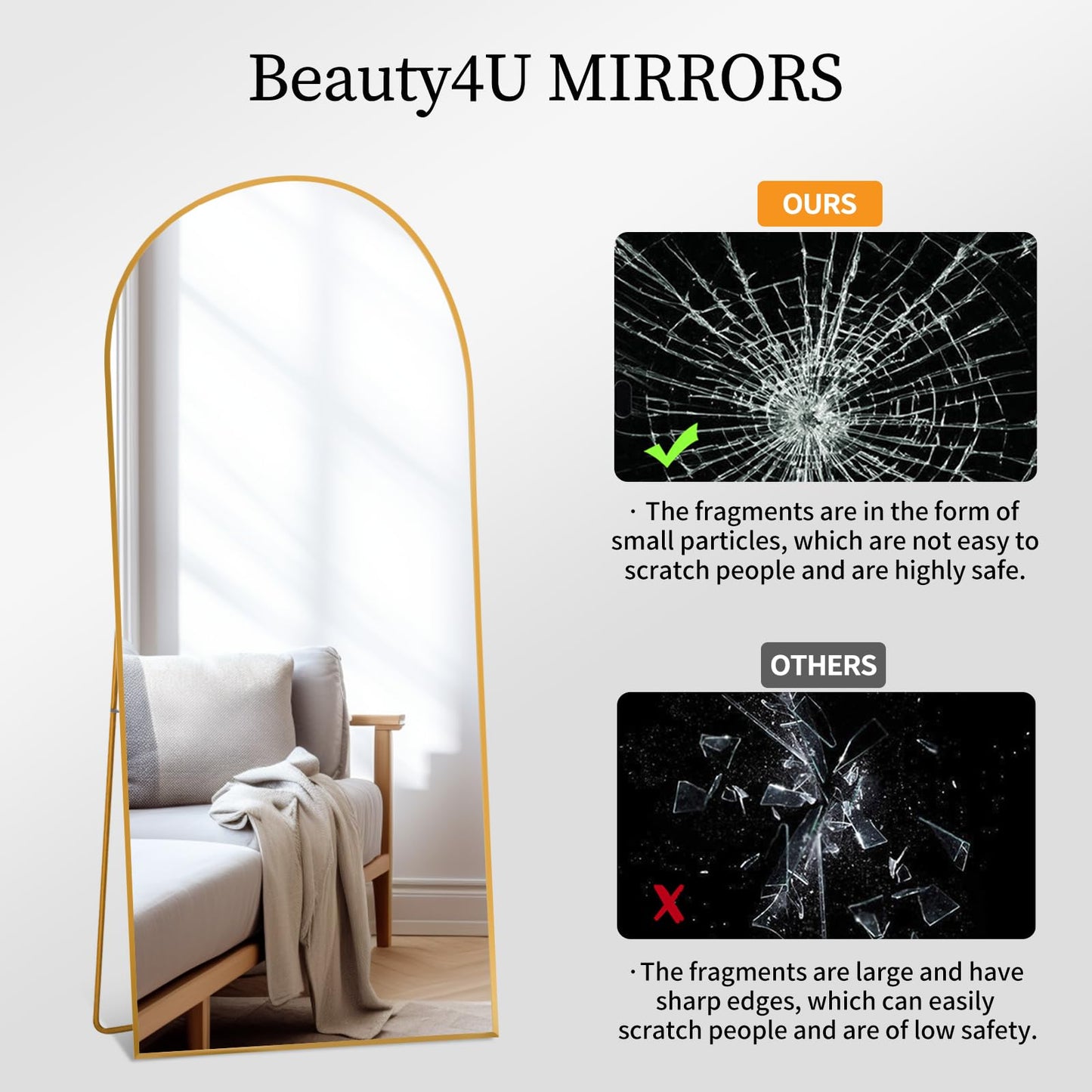 Beauty4U 65" x 24" Arched Full Length Mirror,Gold