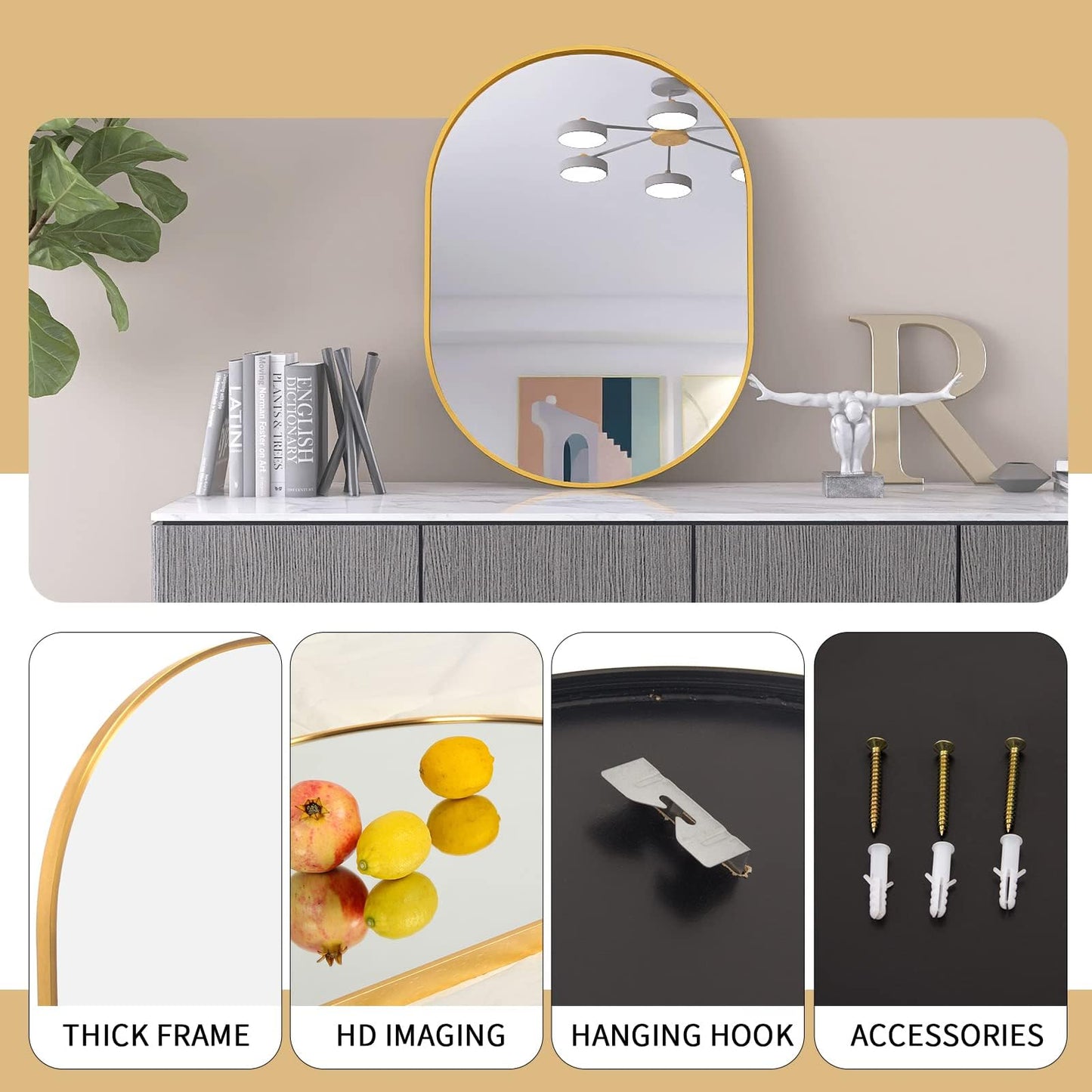 Beauty4U 24"x36" Oval Bathroom Mirror,Gold