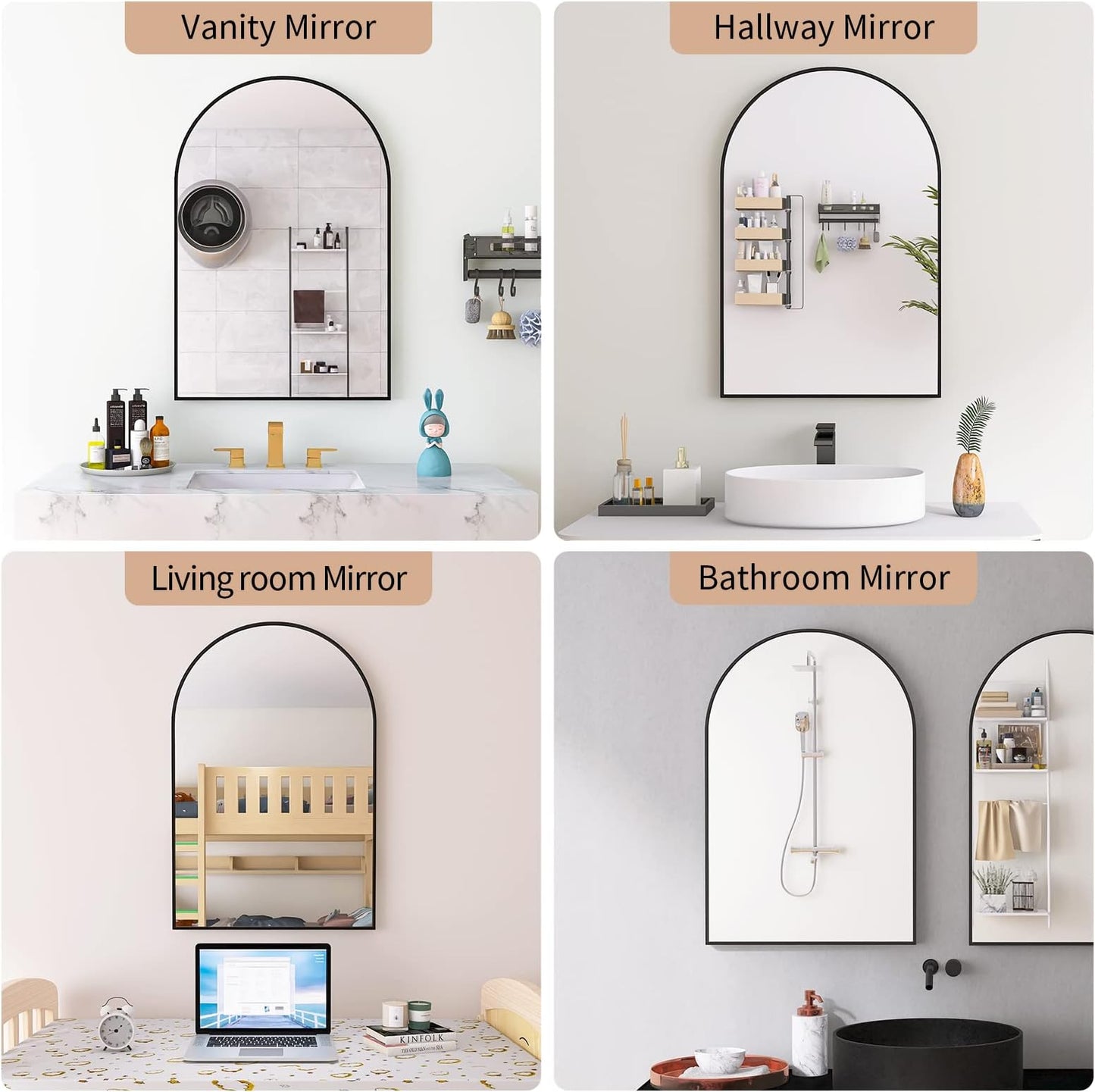 Beauty4U 16"x20" Arched Bathroom Mirror,Black