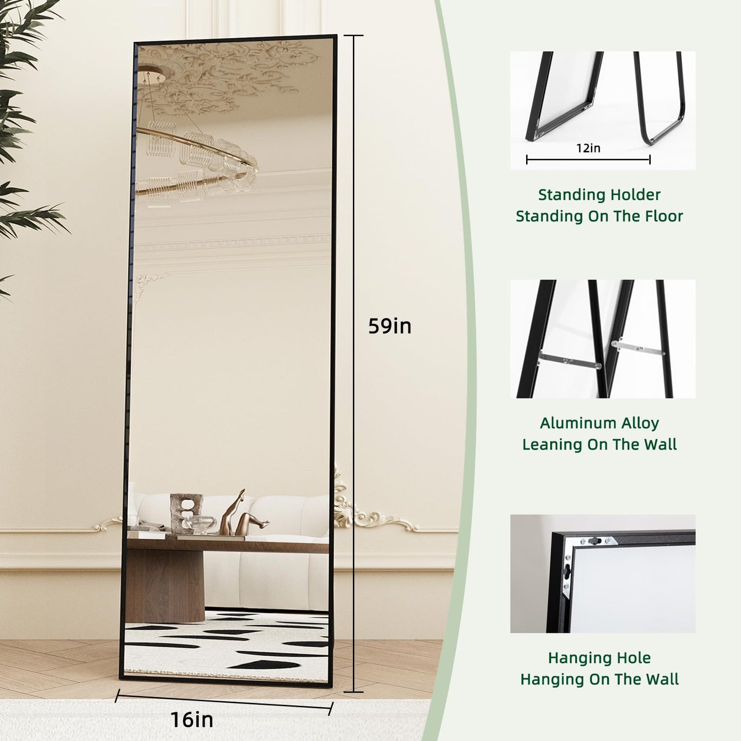 Beauty4U 59" x 16" Beveled Edge Full Length Floor Mirror,Black